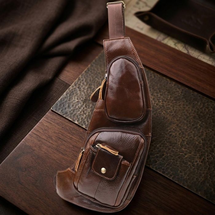 Мужская сумка с большим количеством карманов из натуральной кожи Vintage 22962 Коричневый