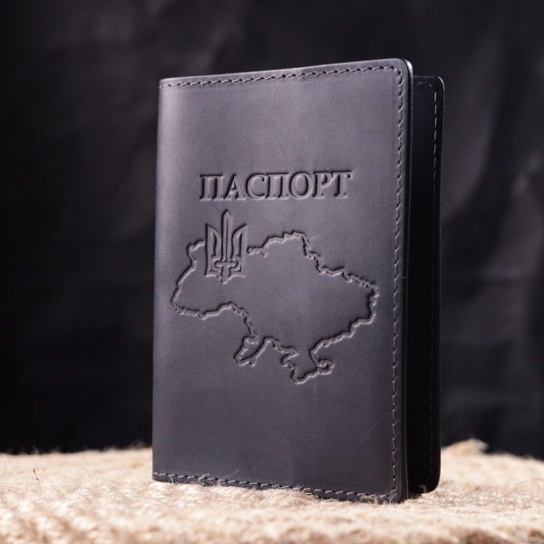 Стильная обложка на паспорт в винтажной коже Карта GRANDE PELLE 16770 Черная