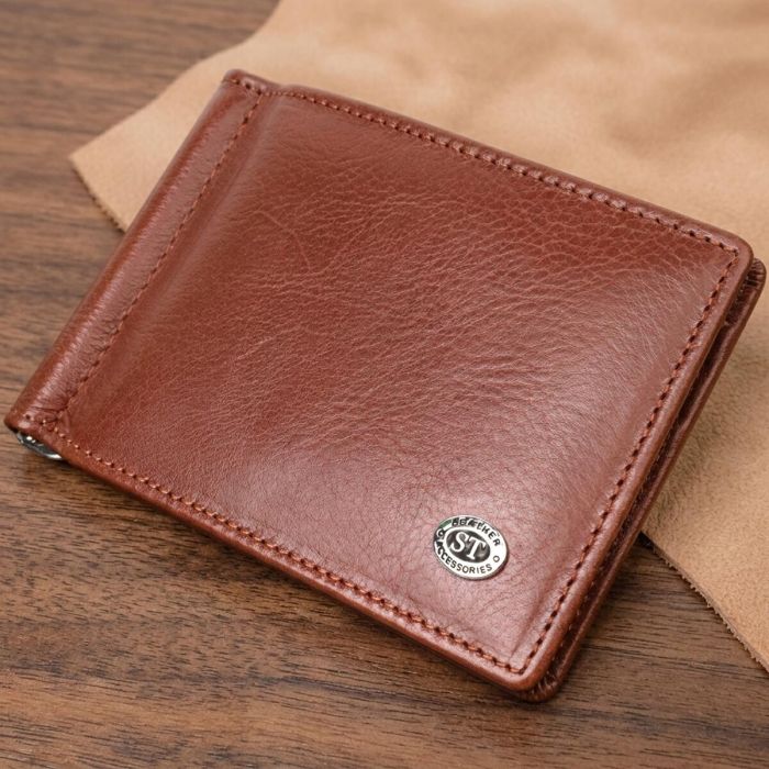 Удобный зажим для денег из натуральной гладкой кожи ST Leather 19427 Коричневый