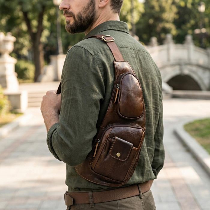 Мужская сумка с большим количеством карманов из натуральной кожи Vintage 22962 Коричневый