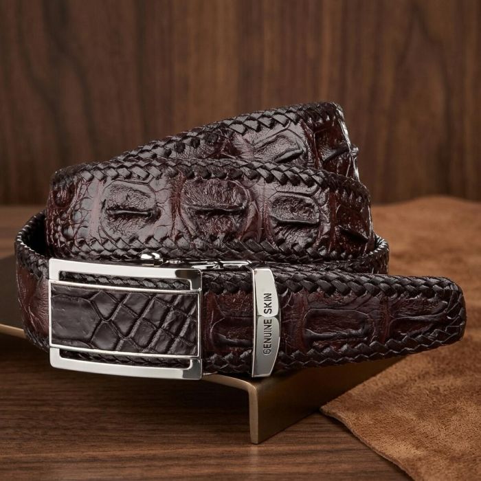 Ремень-автомат CROCODILE LEATHER 18171 из натуральной кожи крокодила Коричневый