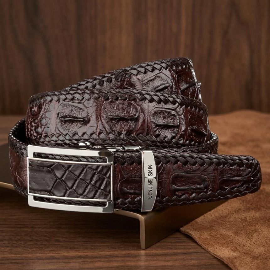 Ремень-автомат CROCODILE LEATHER 18171 из натуральной кожи крокодила Коричневый