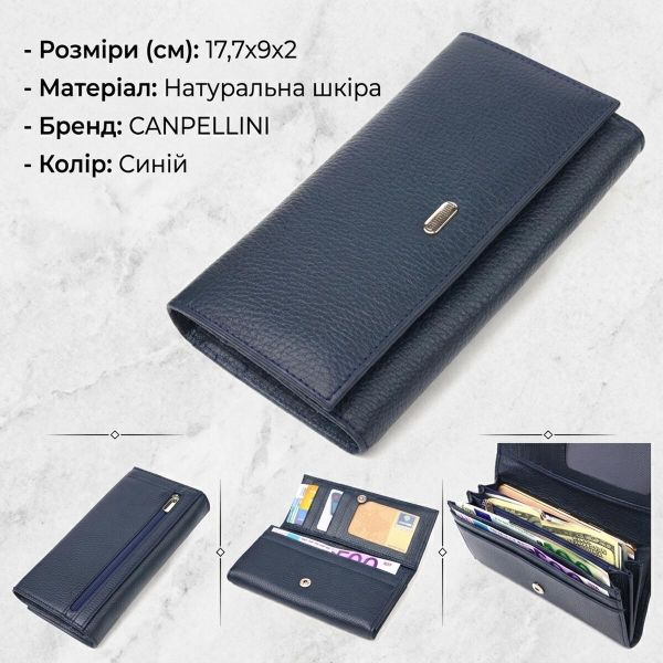 Практичный женский кошелек из натуральной зернистой кожи CANPELLINI 21659 Синий