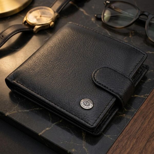 Классический мужской бумажник горизонтального формата из натуральной кожи ST Leather 23094 Черный