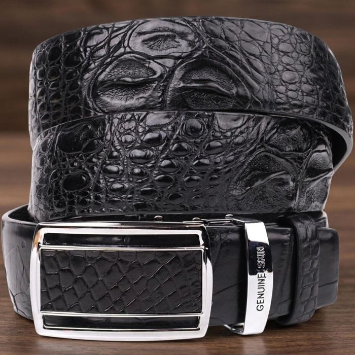 Ремень-автомат CROCODILE LEATHER 18239 из натуральной кожи крокодила Черный