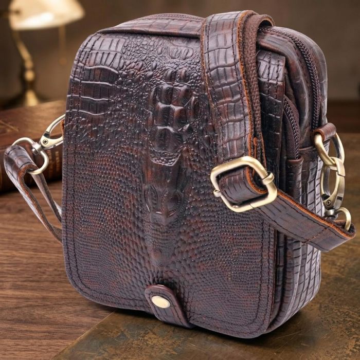 Фактурная мужская сумка из натуральной кожи с тиснением под крокодила 21300 Vintage Коричневая