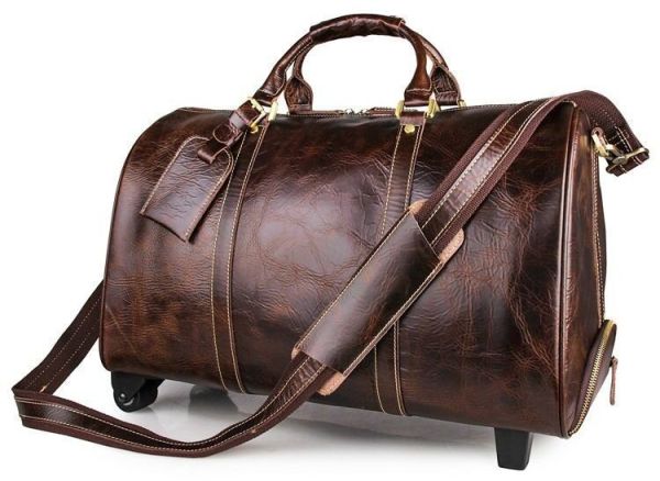 Кожаная дорожная сумка на колесах для путешествий и командировок Vintage 14254 Коричневая