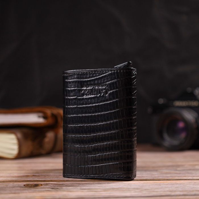 Фактурный картхолдер унисекс в три сложения с автоматическим механизмом из натуральной кожи с тиснением CANPELLINI 21931 Черный
