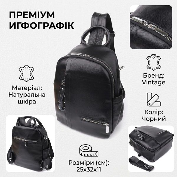 Женский рюкзак из натуральной кожи Vintage 23055 Черный