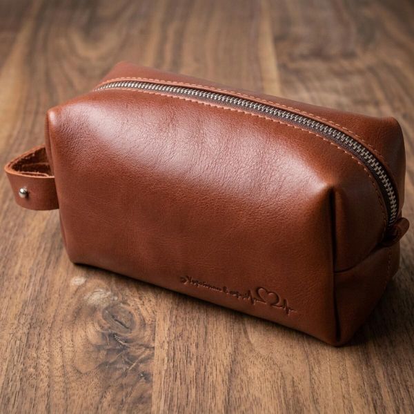 Мужская косметичка среднего размера из гладкой кожи на молнии Сердце GRANDE PELLE 16765 Светло-коричневая