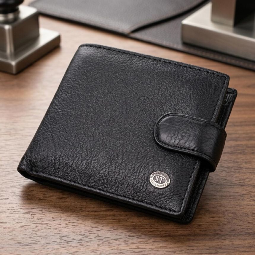 Мужской горизонтальный бумажник среднего размера из натуральной кожи ST Leather 22484 Черный