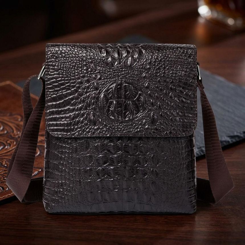 Сумка мужская вертикальная с тиснением под рептилию Vintage 14723 Коричневая