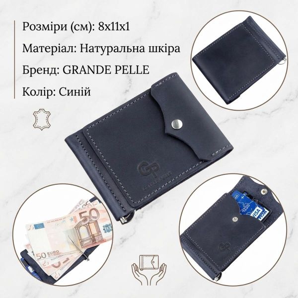 Качественный зажим из натуральной кожи GRANDE PELLE 11198 Синий