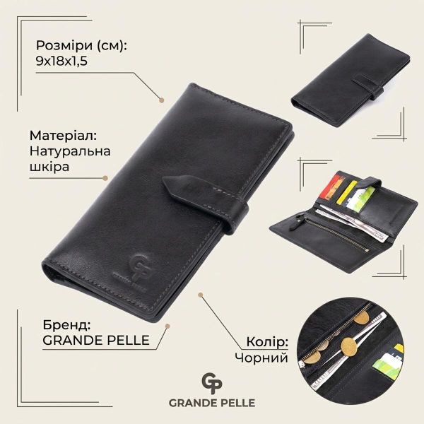 Вертикальный бумажник глянцевый Anet на кнопке GRANDE PELLE 11324 Черный
