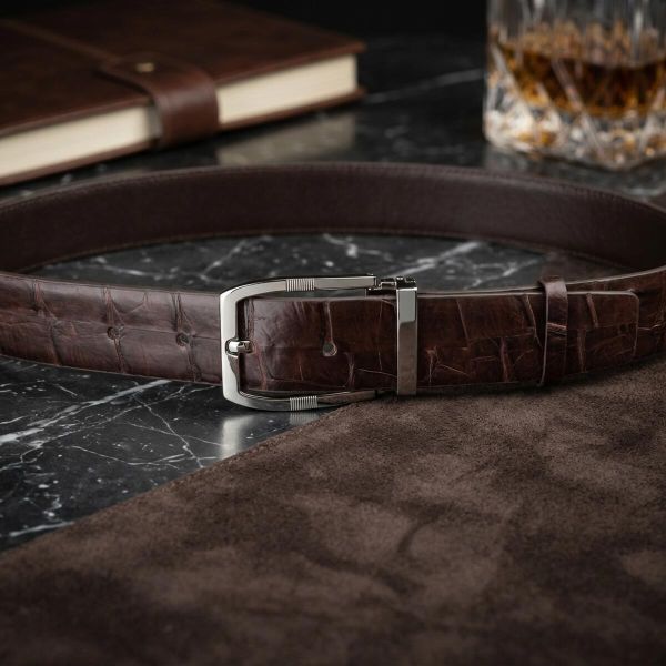 Ремень мужской CROCODILE LEATHER 18178 из натуральной кожи крокодила Коричневый