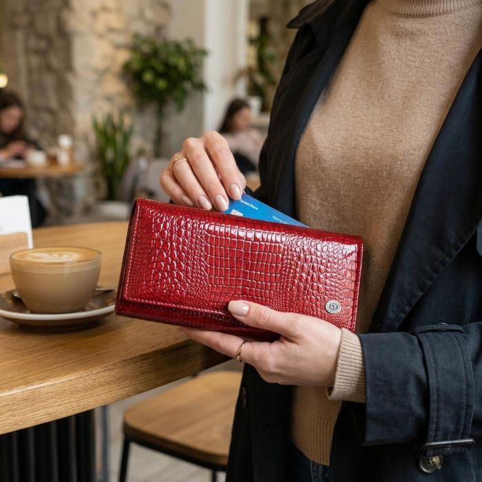 Лакированный женский кошелек с фактурой под рептилию из натуральной кожи ST Leather 22717 Красный