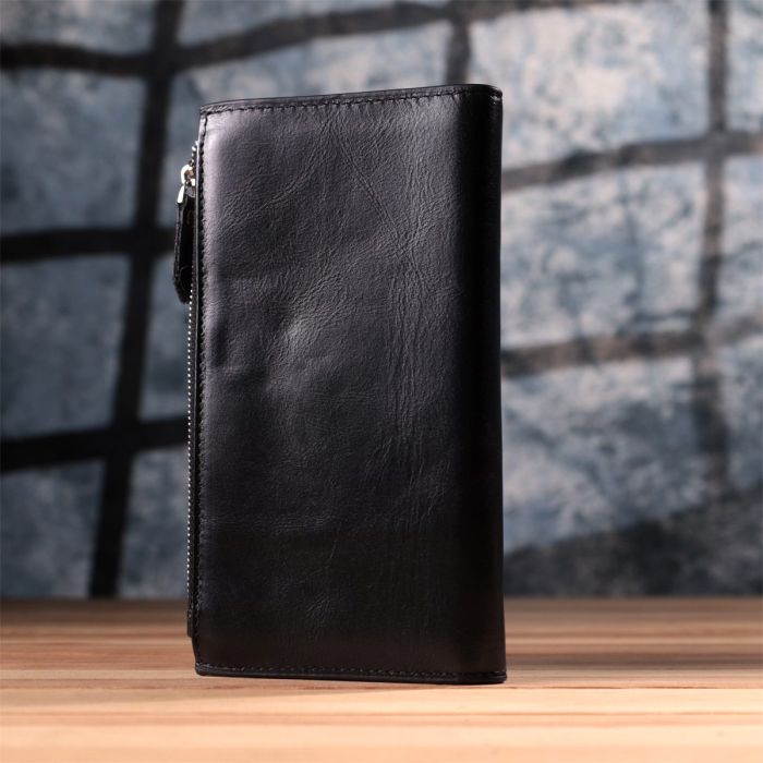 Вертикальный стильный кошелек из гладкой натуральной кожи Vintage 22885 Черный