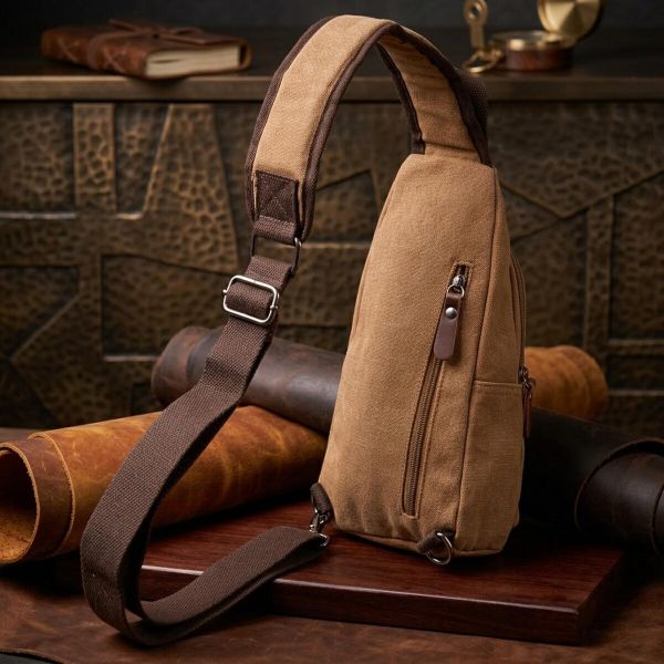Практична чоловіча сумка через плече з USB кабелем текстильна 21222 Vintage Коричнева