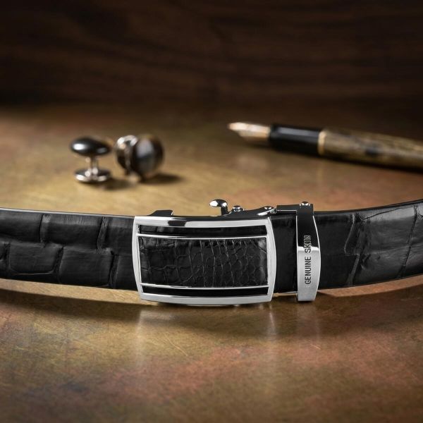 Ремень-автомат CROCODILE LEATHER 18239 из натуральной кожи крокодила Черный