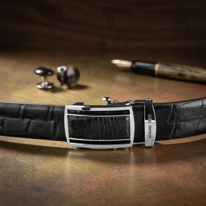 Ремень-автомат CROCODILE LEATHER 18239 из натуральной кожи крокодила Черный