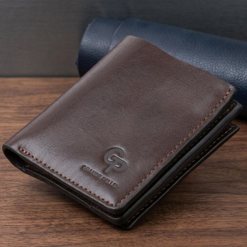 Вертикальное глянцевое портмоне с накладной монетницей GRANDE PELLE 11330 Шоколадное