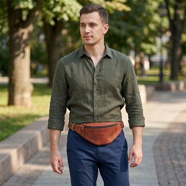 Чоловіча практична бананка з натуральної вінтажної шкіри Shvigel 23131 Рудий