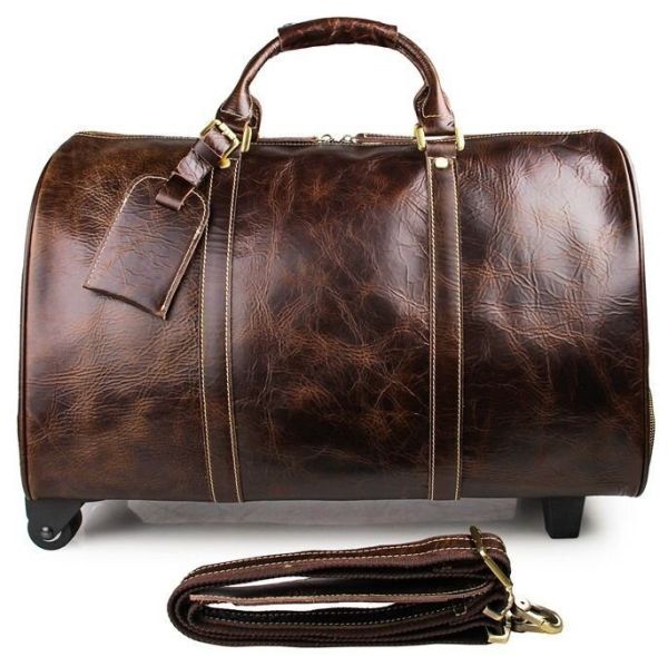 Кожаная дорожная сумка на колесах для путешествий и командировок Vintage 14254 Коричневая