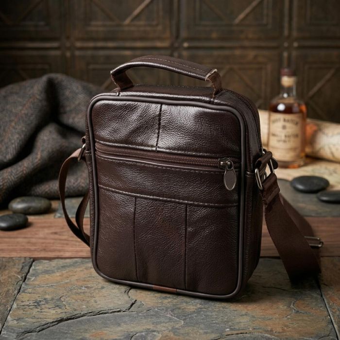 Небольшая вертикальная сумка с ручкой для мужчин из натуральной кожи Vintage 22865 Коричневый