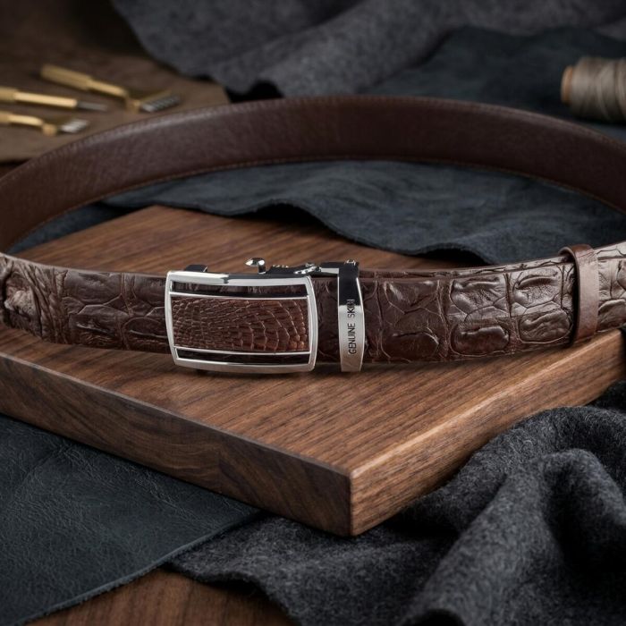 Ремень-автомат CROCODILE LEATHER 18240 из натуральной кожи крокодила Коричневый