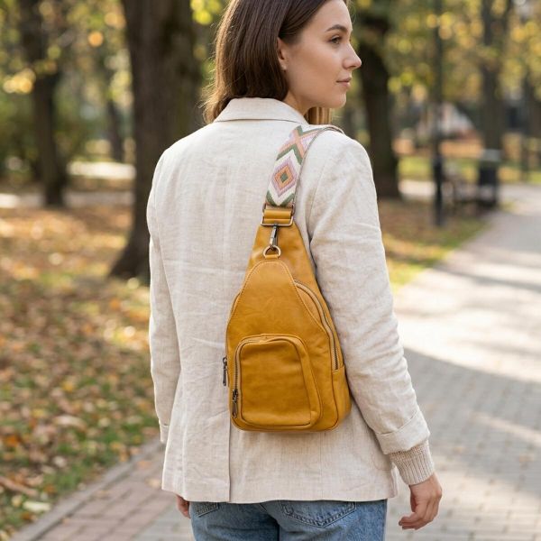 Яскрава жіноча сумка з екошкіри з акцентом на текстильну лямку Vintage 22775 Жовтий