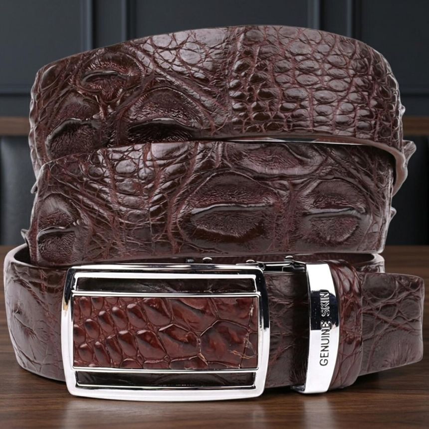 Ремень-автомат CROCODILE LEATHER 18240 из натуральной кожи крокодила Коричневый