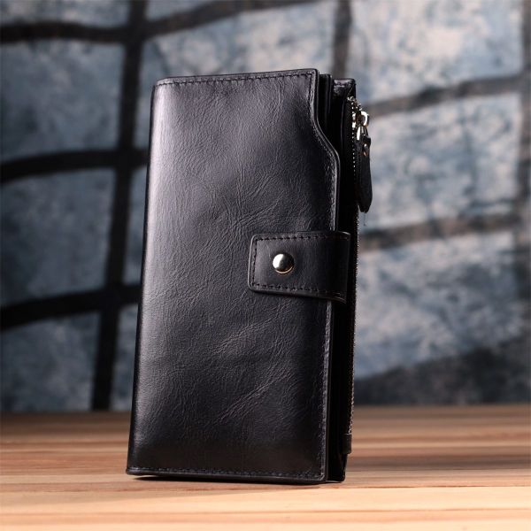 Вертикальный стильный кошелек из гладкой натуральной кожи Vintage 22885 Черный