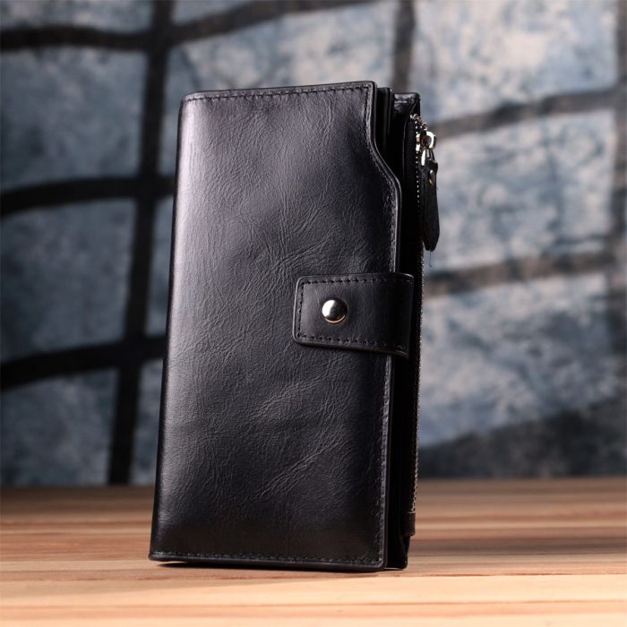 Вертикальный стильный кошелек из гладкой натуральной кожи Vintage 22885 Черный