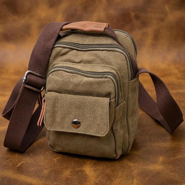 Интересная небольшая мужская сумка из плотного текстиля Vintage 22219 Оливковый