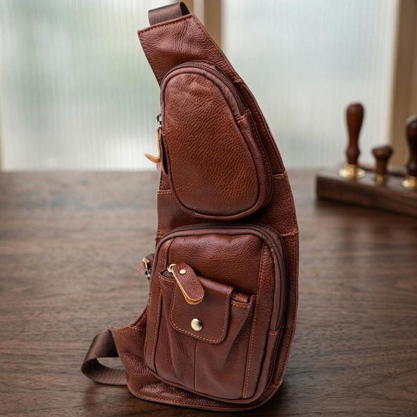 Мужская сумка с большим количеством карманов из натуральной кожи Vintage 22963 Коричневый