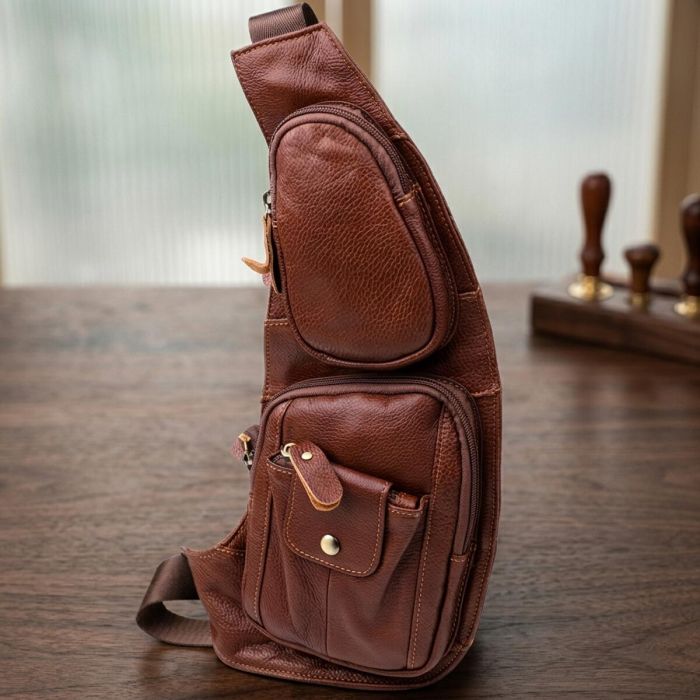 Мужская сумка с большим количеством карманов из натуральной кожи Vintage 22963 Коричневый