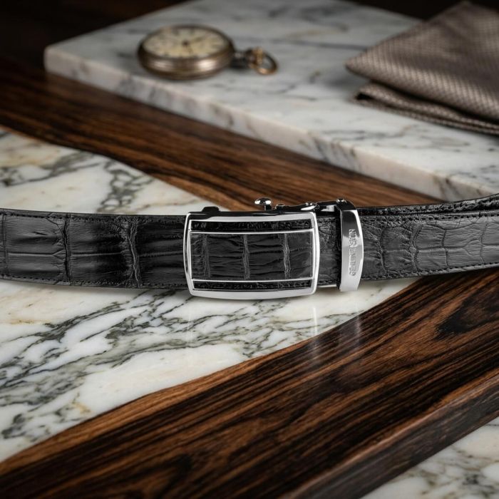 Ремень-автомат CROCODILE LEATHER 18236 из натуральной кожи крокодила (каймана) Черный