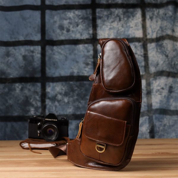 Мужская сумка через плечо из гладкой натуральной кожи Vintage 22965 Коричневый