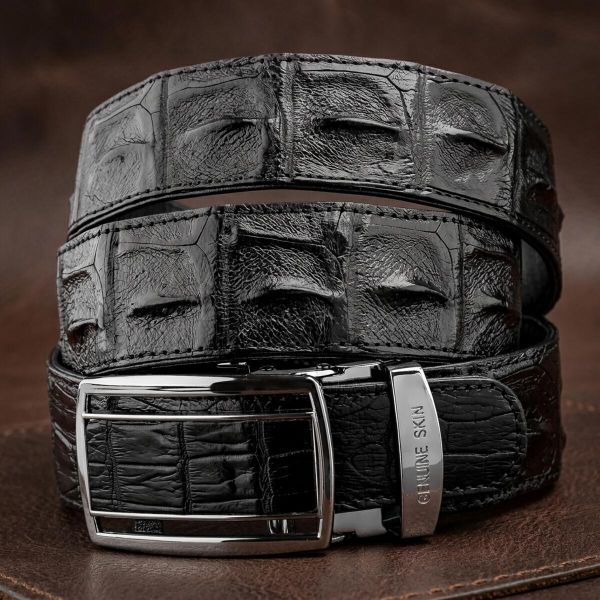 Ремень-автомат CROCODILE LEATHER 18236 из натуральной кожи крокодила (каймана) Черный