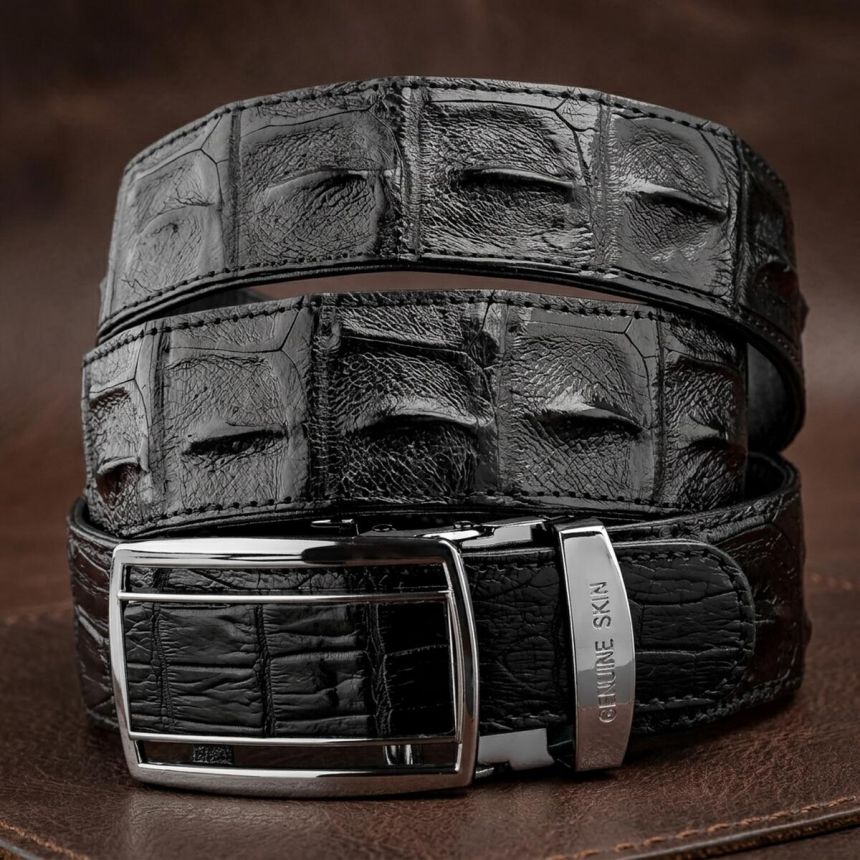 Ремень-автомат CROCODILE LEATHER 18236 из натуральной кожи крокодила (каймана) Черный