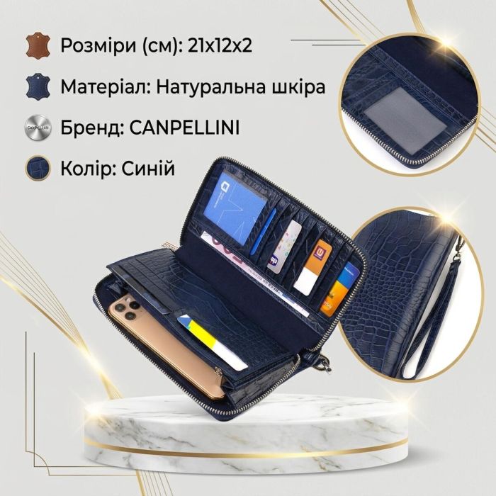 Зручний клатч для жінок із натуральної шкіри із тисненням під крокодила CANPELLINI 21922 Синій
