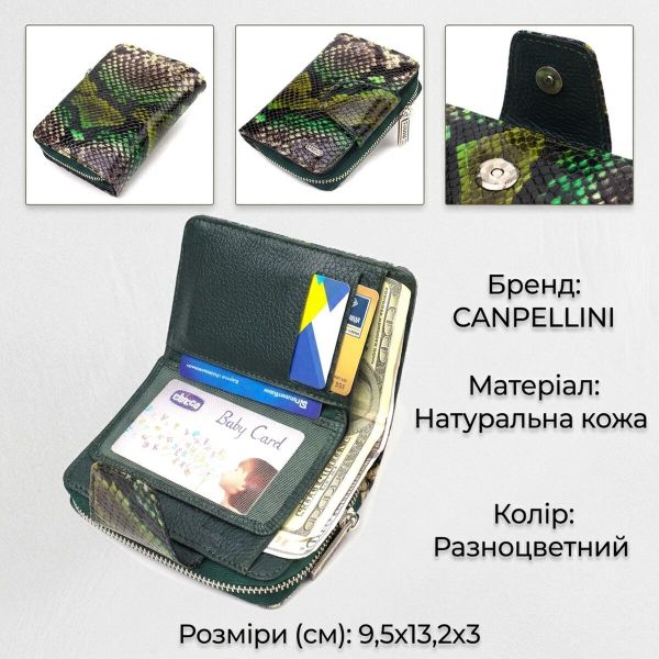 Женское фактурное вертикальное портмоне с монетницей на молнии из натуральной кожи с тиснением под змею CANPELLINI 21732 Разноцветное