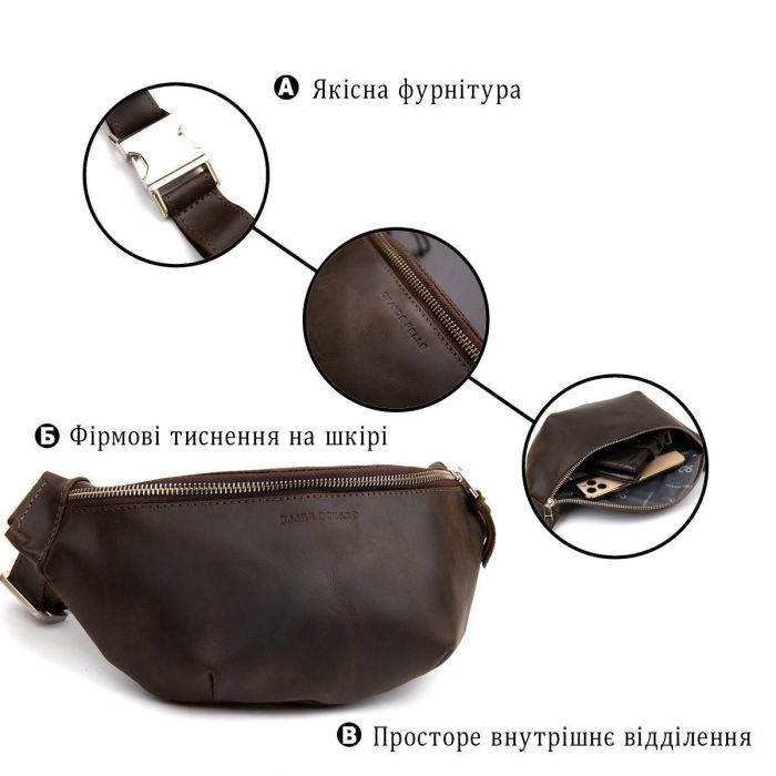 Бананка в винтажной коже GRANDE PELLE 11154 Коричневая