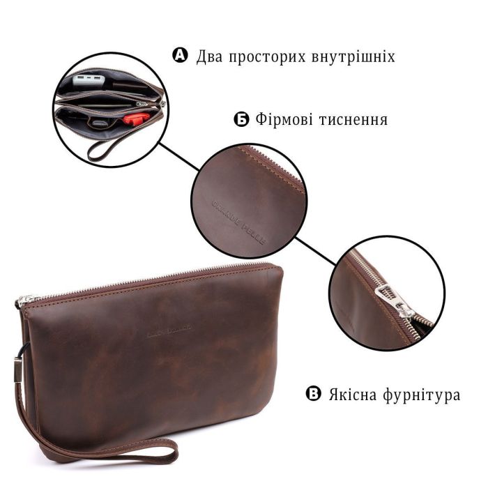 Барсетка мужская винтажная GRANDE PELLE 11145 кожаная Коричневая