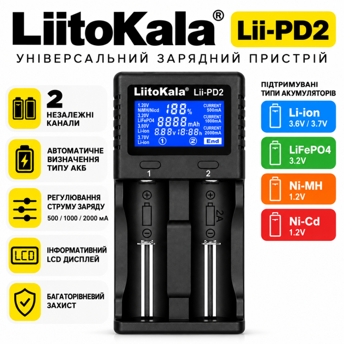 Зарядний пристрій LiitoKala Lii-PD2 для акумуляторів 18650, 21700, Li-ion, LiFePO4, Ni-MH та Ni-Cd