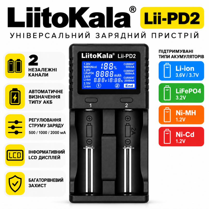 Зарядний пристрій LiitoKala Lii-PD2 для акумуляторів 18650, 21700, Li-ion, LiFePO4, Ni-MH та Ni-Cd