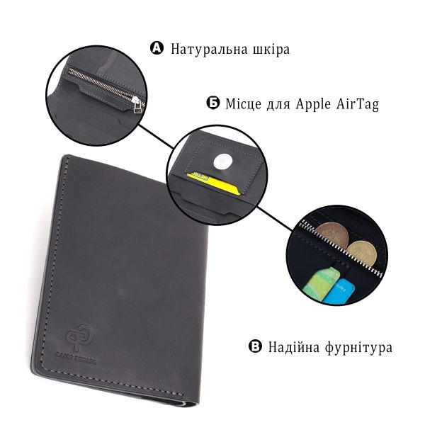 Добротное кожаное портмоне с держателем для Apple AirTag GRANDE PELLE 11623 Черный