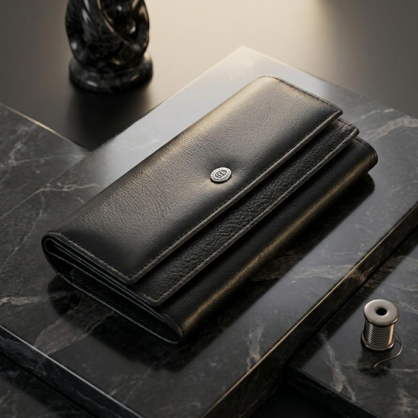 Женский кожаный кошелек для карт купюр и монет ST Leather 22696 Черный