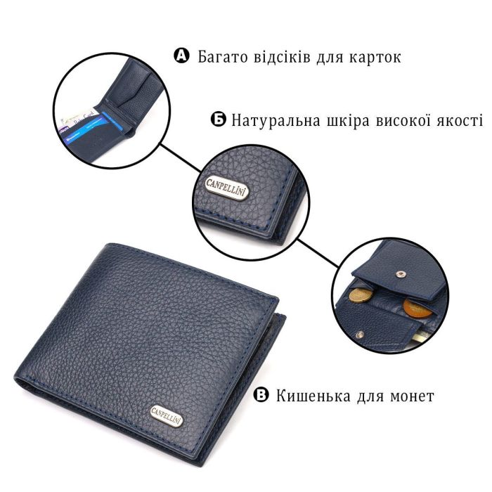 Горизонтальное мужское портмоне из натуральной зернистой кожи CANPELLINI 21776 Синее