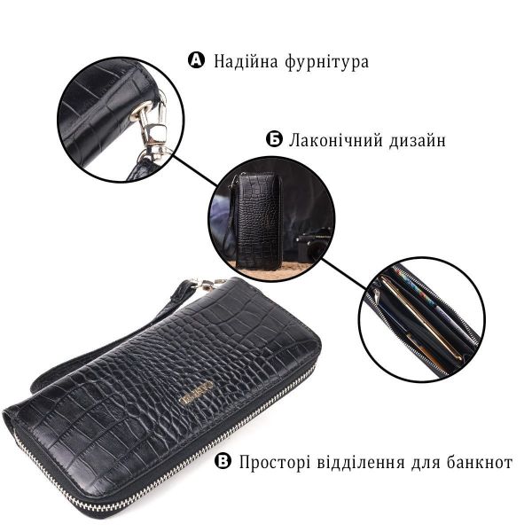 Горизонтальный кошелек для женщин из натуральной фактурной кожи под крокодила CANPELLINI 21623 Черный